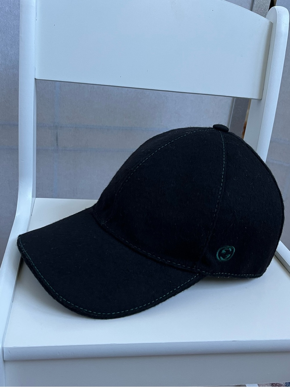 Black Gucci Wool Baseball Cap Interlocking G Stripe Back Green Stitch Size S